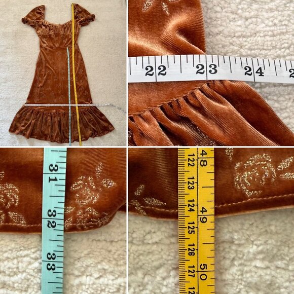 Lait Collection Velvet Dress Size XL Rust Floral Puff Sleeve Ruffle Hem Retro - Picture 8 of 17